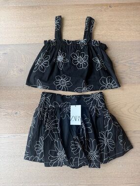 Zara Black Top and Skirt Set with White Floral Embroidery